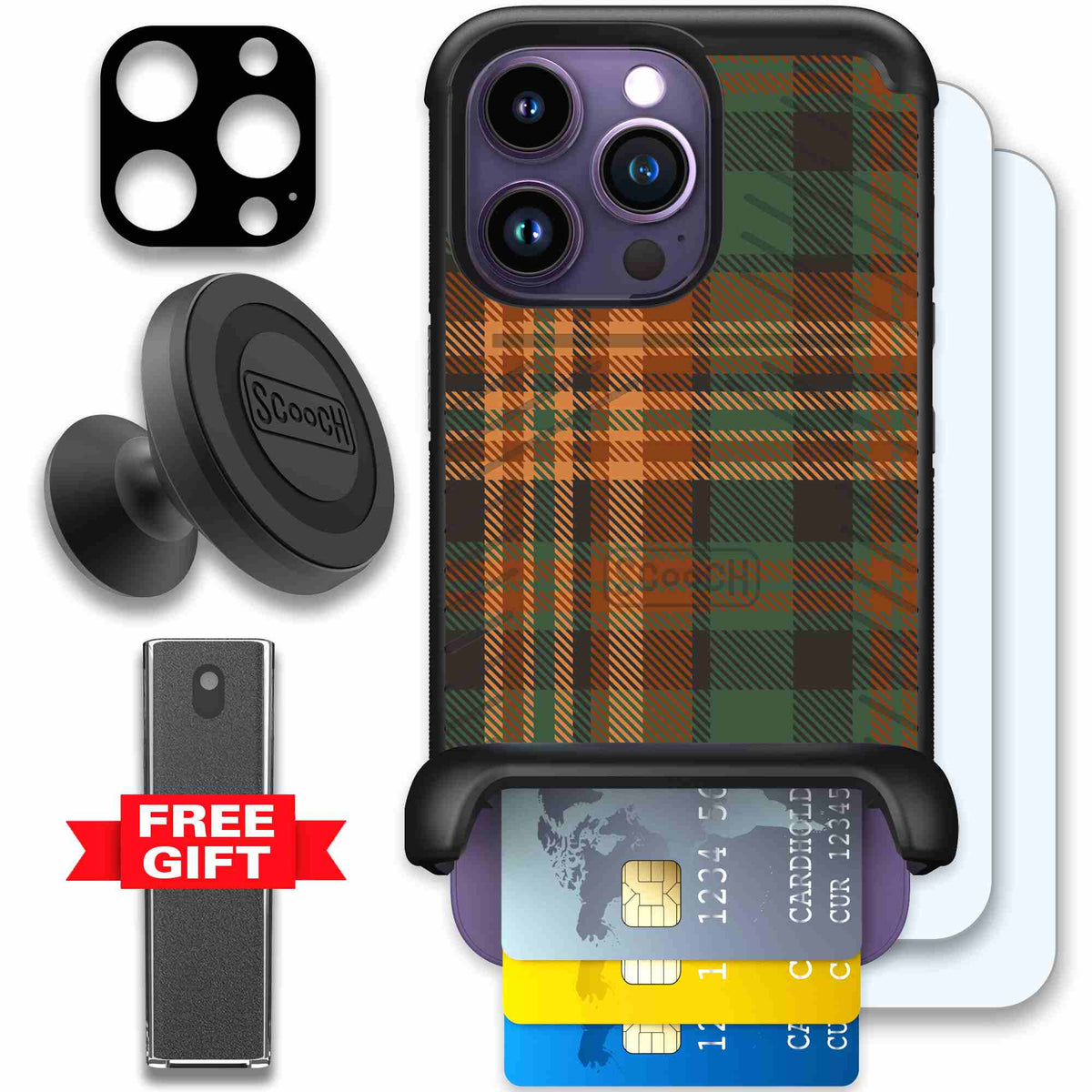Fall Flannel orange and brown plaid pattern on a scoochzza Wingmate case for iPhone 14 Pro - Defender Bundle