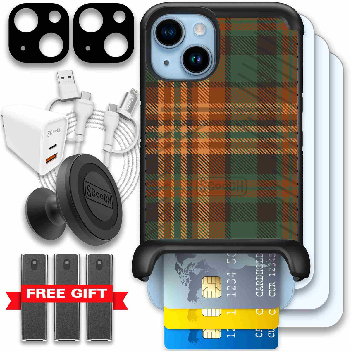 Fall Flannel orange and brown plaid pattern on a scoochzza Wingmate case for iPhone 14 - Ultimate Bundle