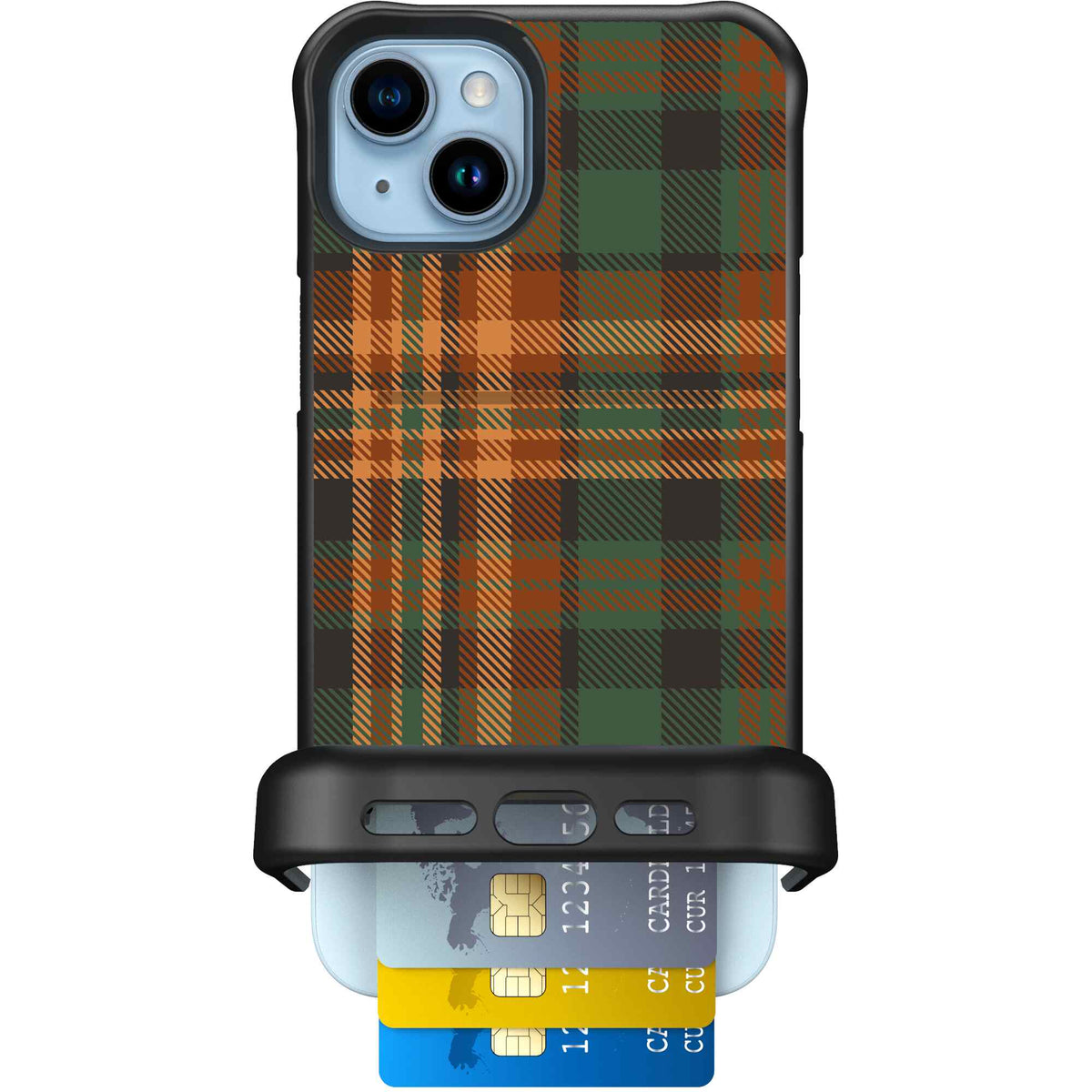 Fall Flannel orange and brown plaid pattern on a scoochzza Wingmate case for iPhone 15 Plus