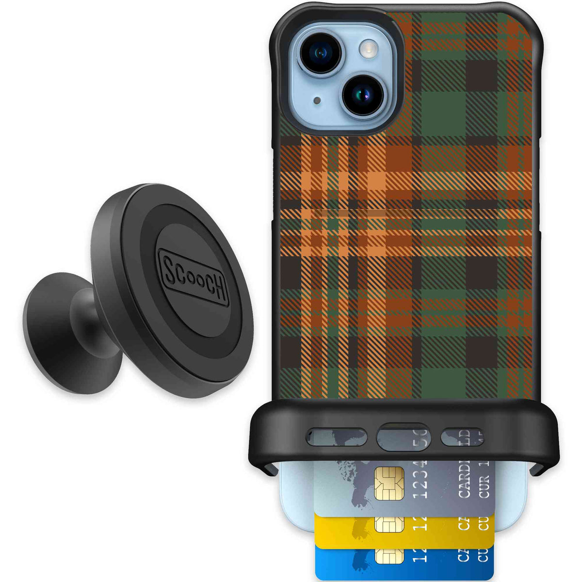 Fall Flannel orange and brown plaid pattern on a scoochzza Wingmate case for iPhone 15 Plus - Starter Bundle