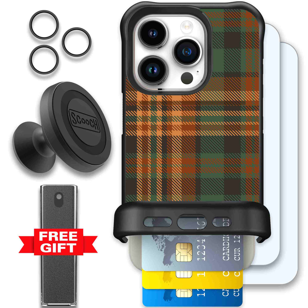Fall Flannel orange and brown plaid pattern on a scoochzza Wingmate case for iPhone 15 Pro - Defender Bundle