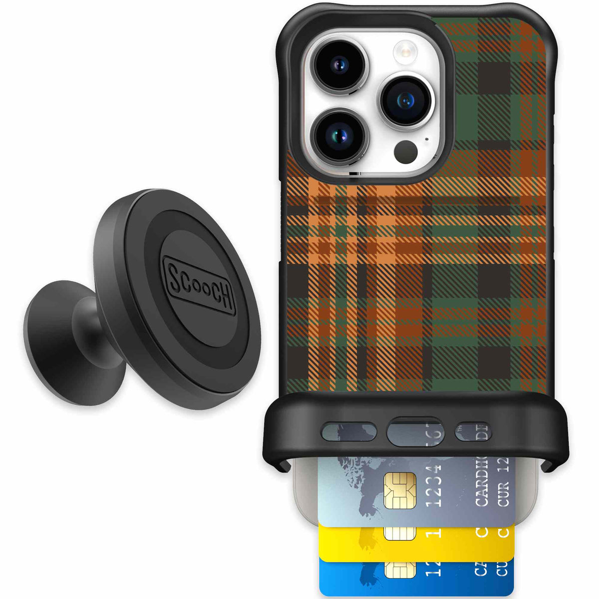 Fall Flannel orange and brown plaid pattern on a scoochzza Wingmate case for iPhone 15 Pro - Starter Bundle