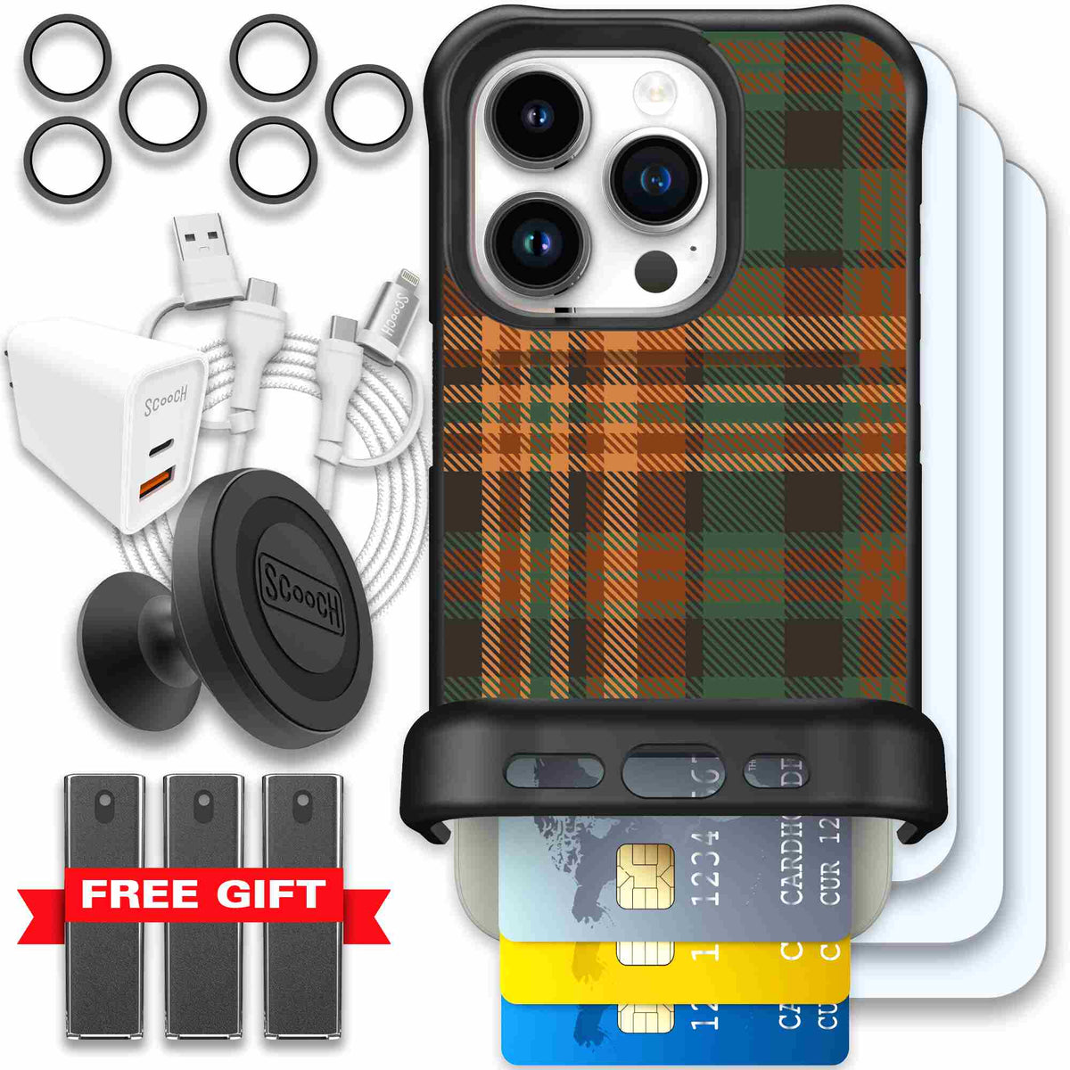 Fall Flannel orange and brown plaid pattern on a scoochzza Wingmate case for iPhone 15 Pro - Ultimate Bundle