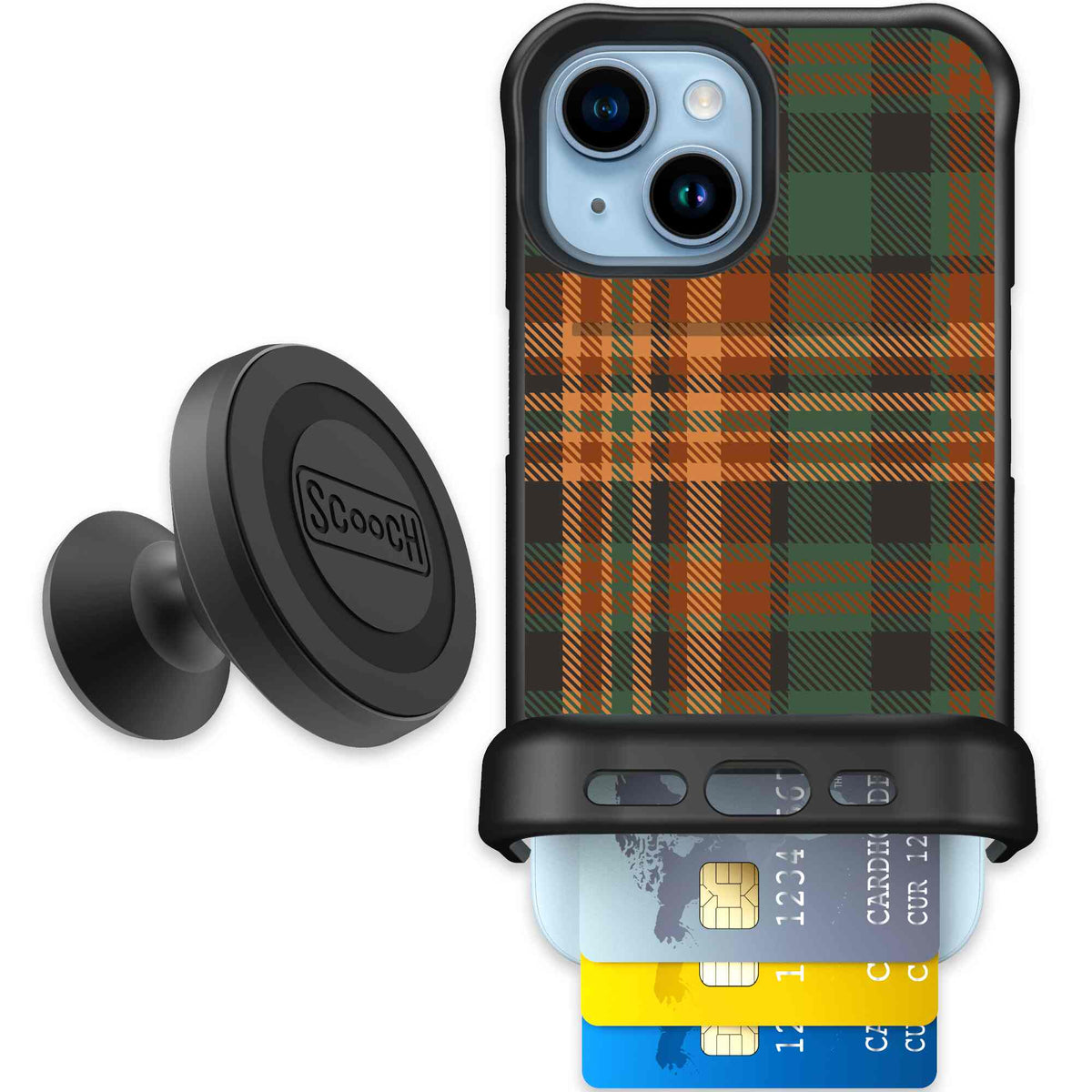 Fall Flannel orange and brown plaid pattern on a scoochzza Wingmate case for iPhone 15 - Starter Bundle
