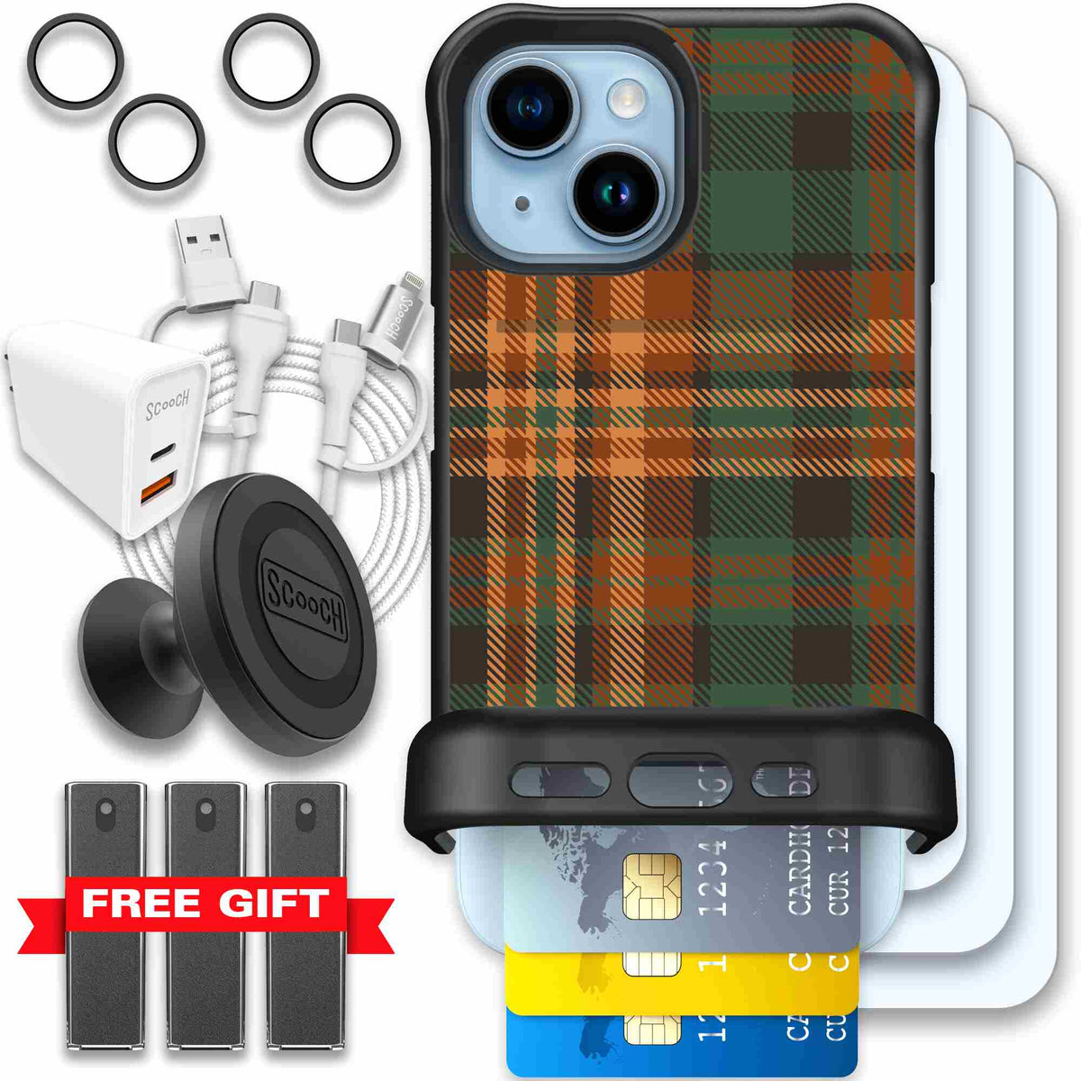 Fall Flannel orange and brown plaid pattern on a scoochzza Wingmate case for iPhone 15 - Ultimate Bundle