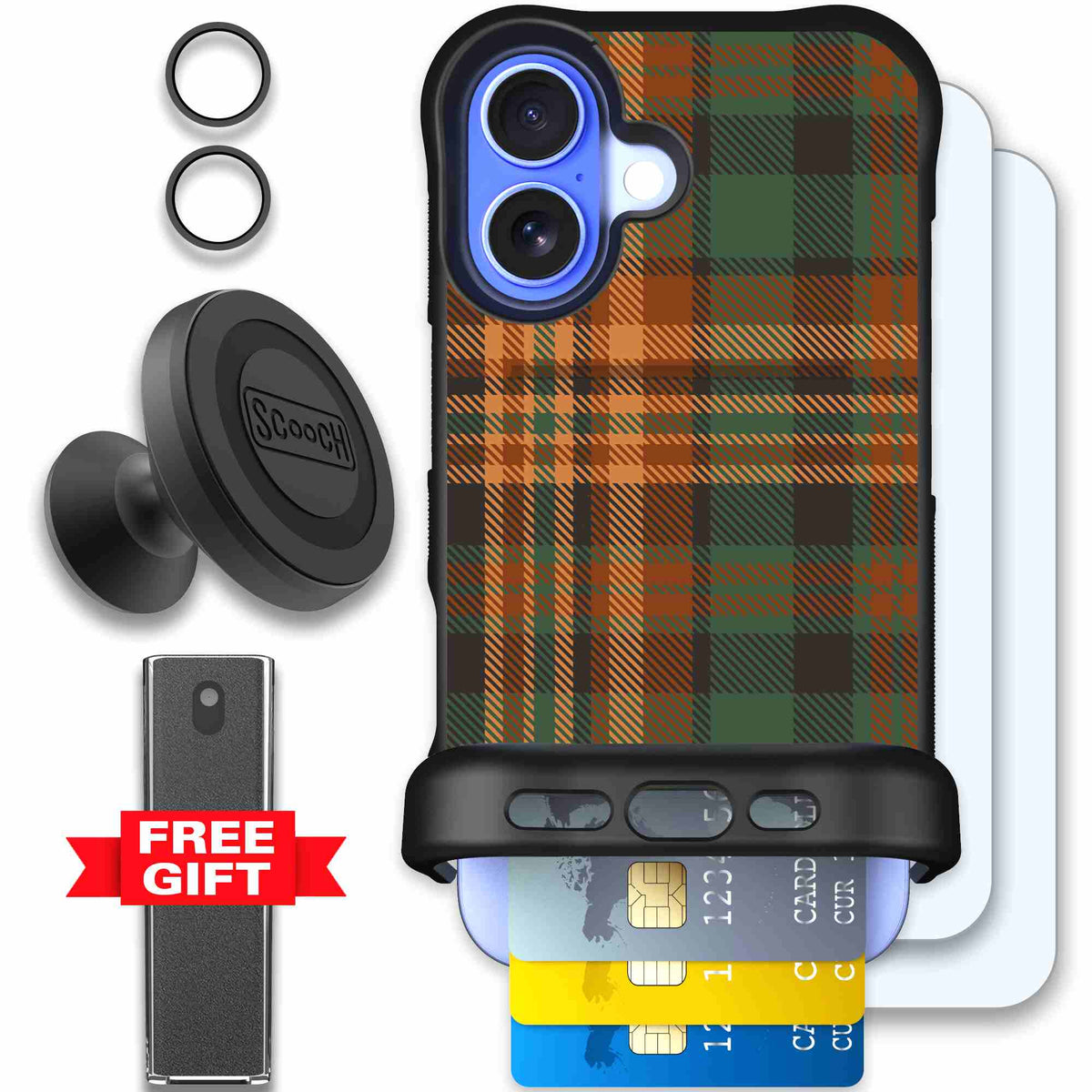 Fall Flannel orange and brown plaid pattern on a scoochzza Wingmate case for iPhone 16 - Defender Bundle
