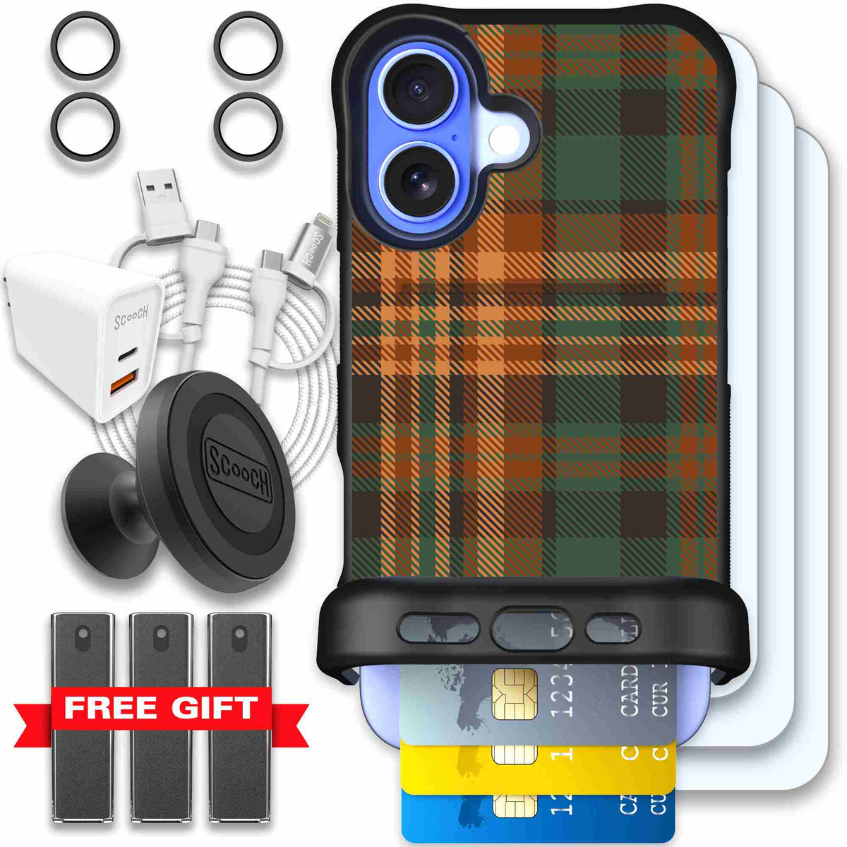 Fall Flannel orange and brown plaid pattern on a scoochzza Wingmate case for iPhone 16 - Ultimate Bundle