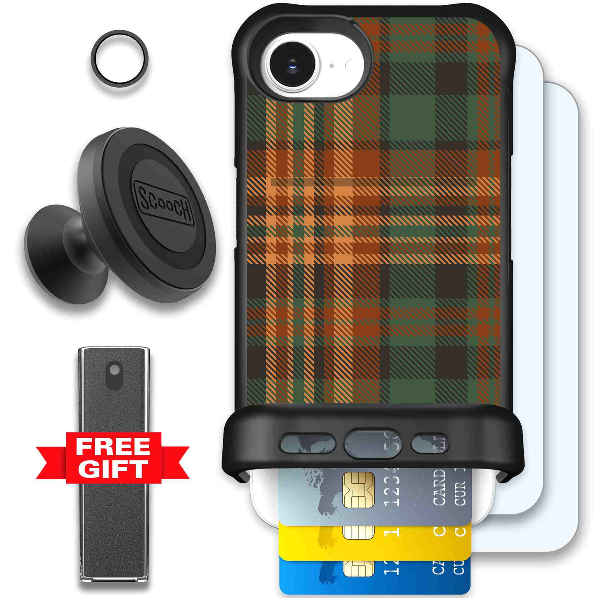 Fall Flannel orange and brown plaid pattern on a scoochzza Wingmate case for iPhone 17e - Defender Bundle