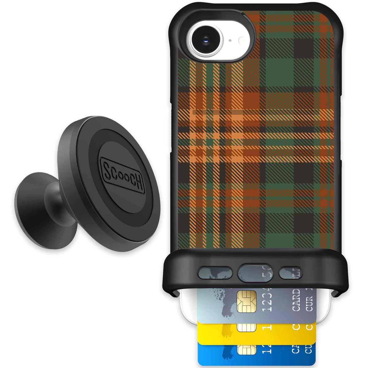 Fall Flannel orange and brown plaid pattern on a scoochzza Wingmate case for iPhone 17e - Starter Bundle