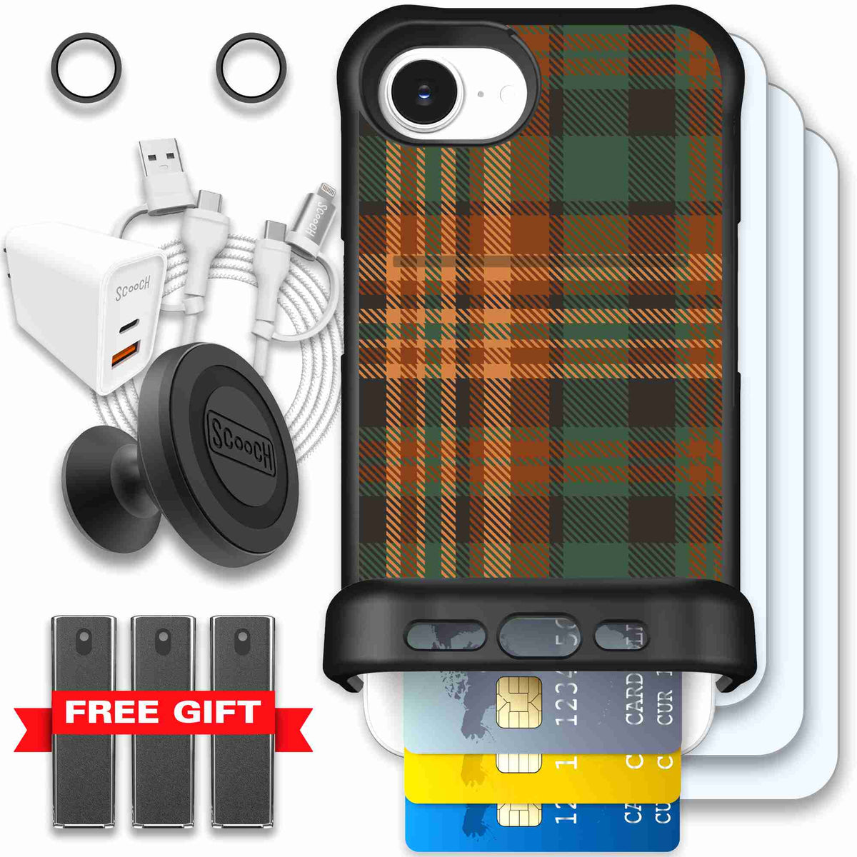 Fall Flannel orange and brown plaid pattern on a scoochzza Wingmate case for iPhone 17e - Ultimate Bundle