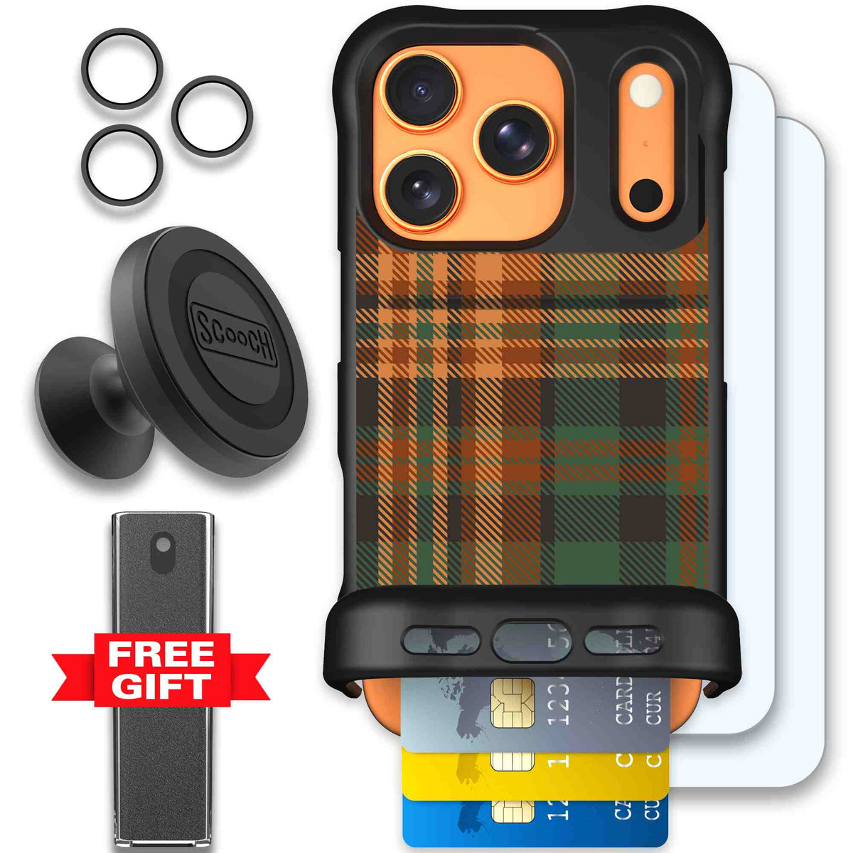 Fall Flannel orange and brown plaid pattern on a scoochzza Wingmate case for iPhone 17 Pro - Defender Bundle