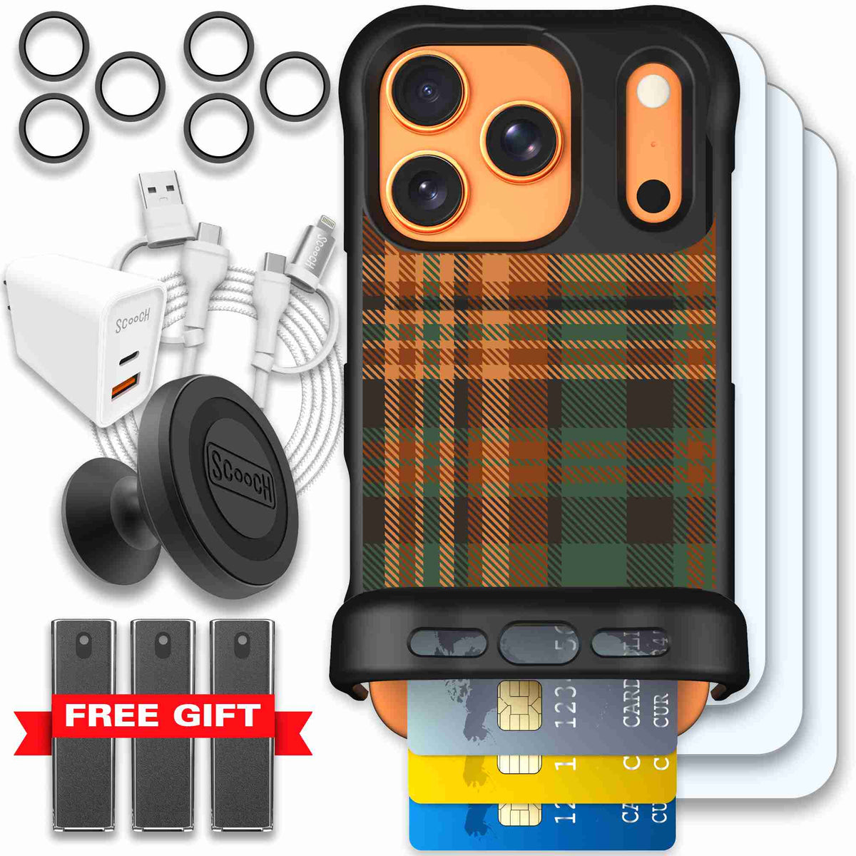 Fall Flannel orange and brown plaid pattern on a scoochzza Wingmate case for iPhone 17 Pro - Ultimate Bundle