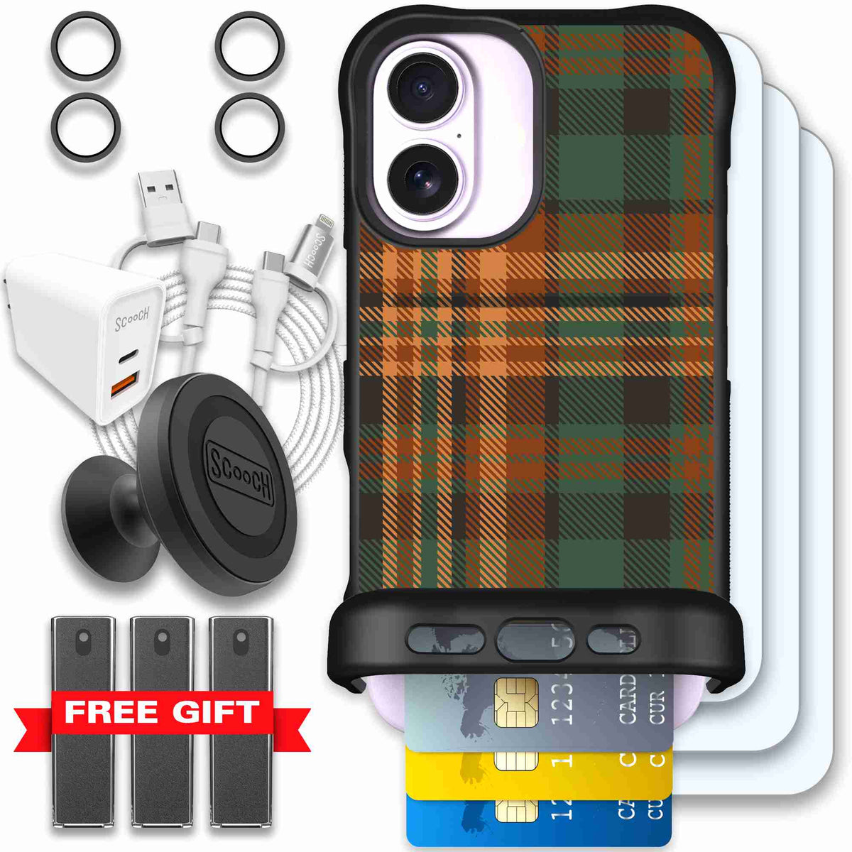 Fall Flannel orange and brown plaid pattern on a scoochzza Wingmate case for iPhone 17 - Ultimate Bundle