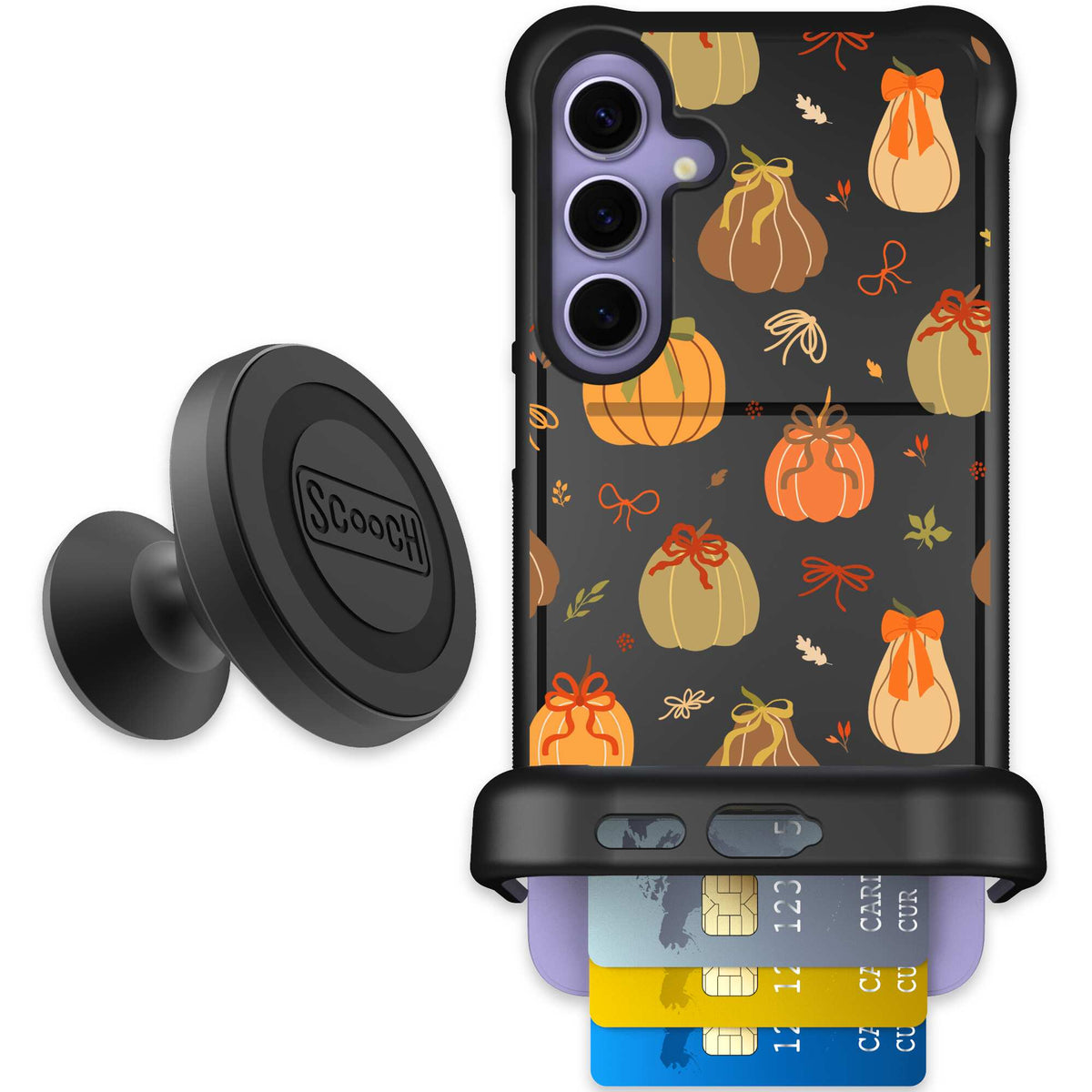 Pretty Pumpkins orange pumpkin and bow pattern on a scoochzza Wingmate case for Galaxy S24+ - Starter Bundle