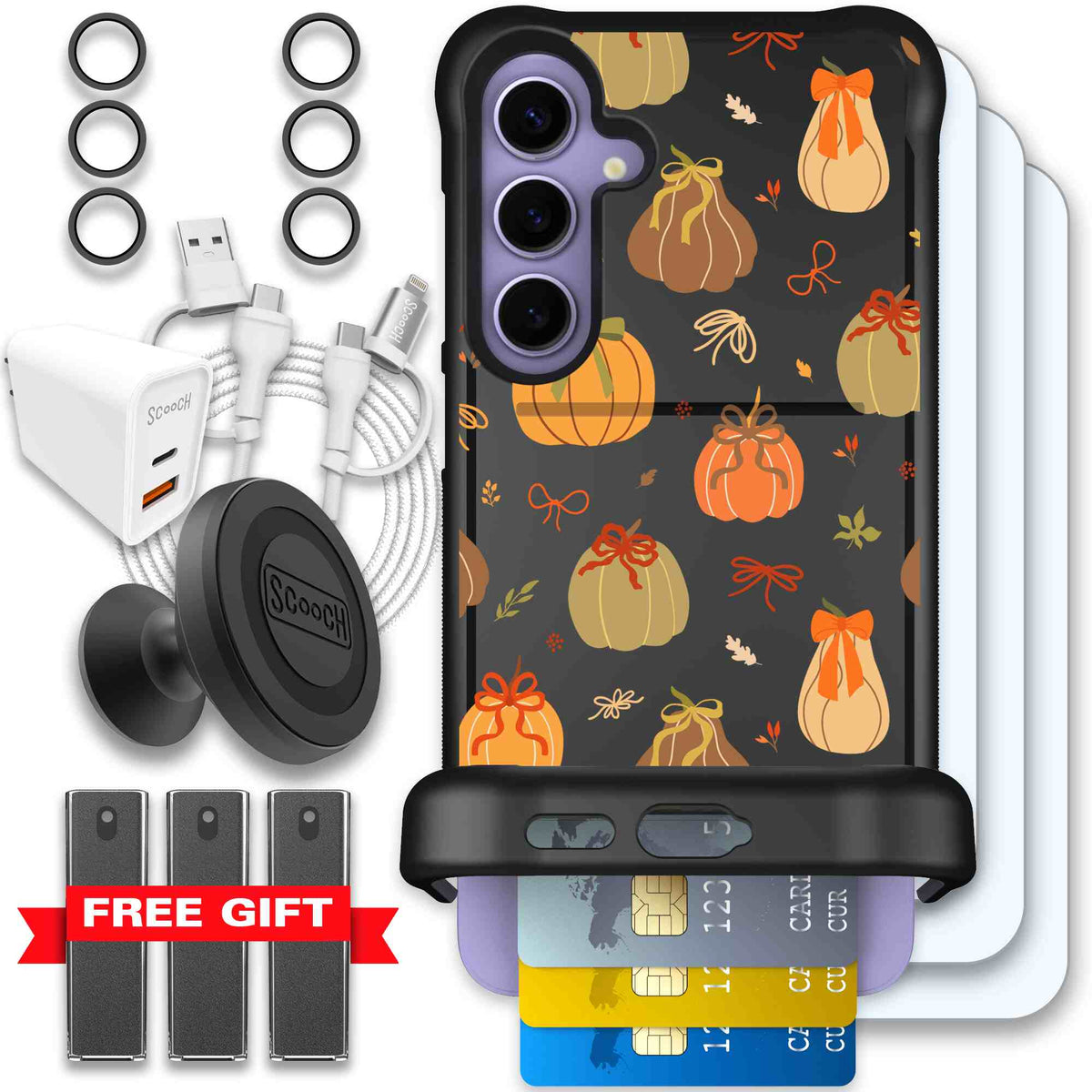 Pretty Pumpkins orange pumpkin and bow pattern on a scoochzza Wingmate case for Galaxy S24+ - Ultimate Bundle