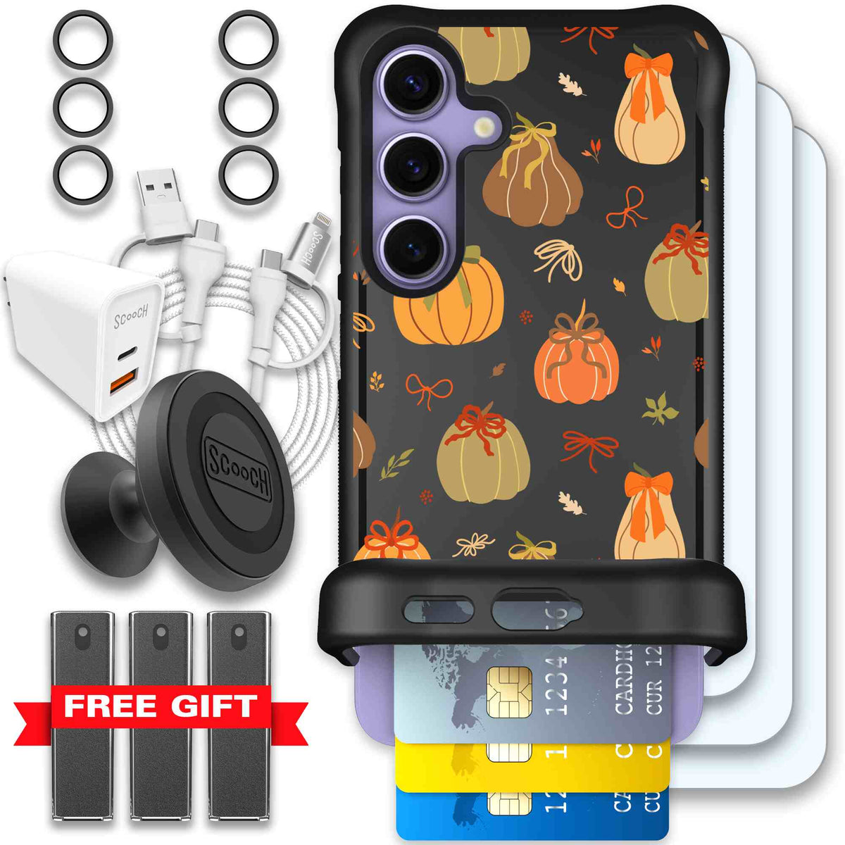 Pretty Pumpkins orange pumpkin and bow pattern on a scoochzza Wingmate case for Galaxy S24 - Ultimate Bundle