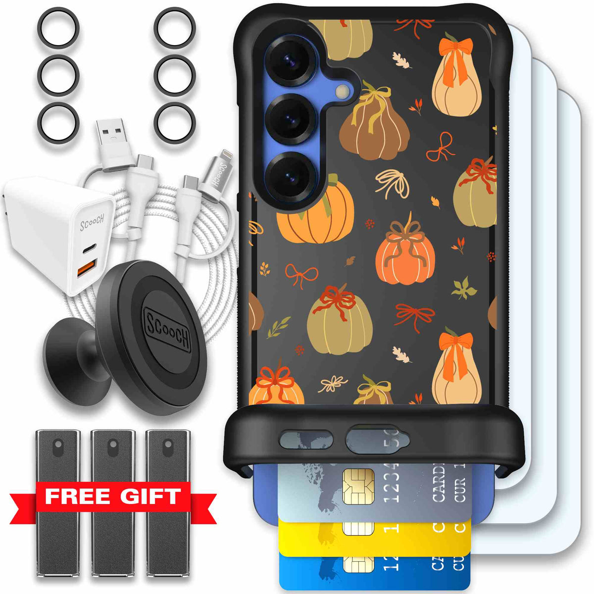 Pretty Pumpkins orange pumpkin and bow pattern on a scoochzza Wingmate case for Galaxy S25 - Ultimate Bundle