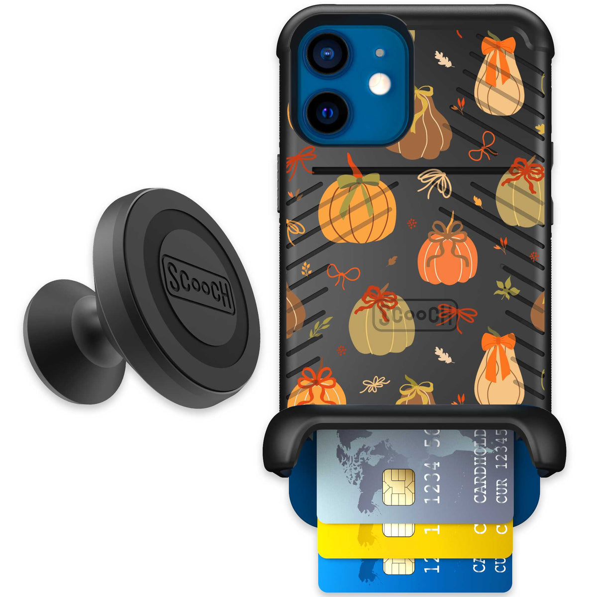 Pretty Pumpkins orange pumpkin and bow pattern on a scoochzza Wingmate case for iPhone 12 - Starter Bundle