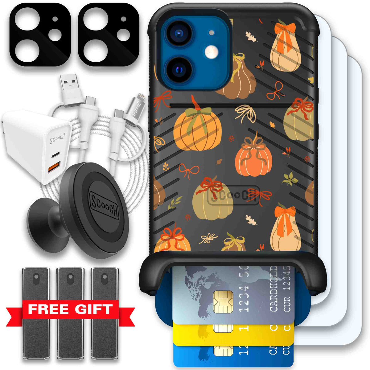 Pretty Pumpkins orange pumpkin and bow pattern on a scoochzza Wingmate case for iPhone 12 - Ultimate Bundle