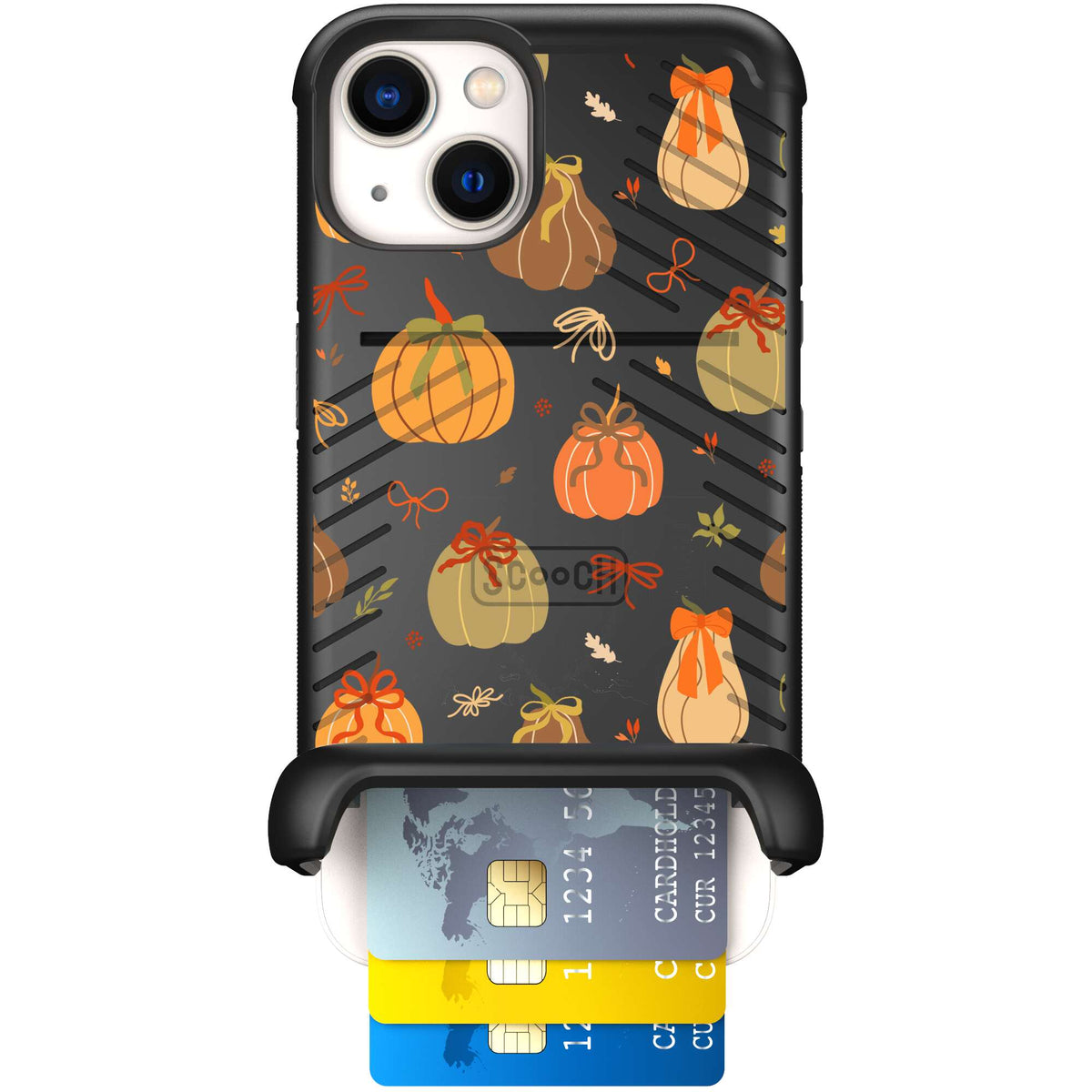 Pretty Pumpkins orange pumpkin and bow pattern on a scoochzza Wingmate case for iPhone 13