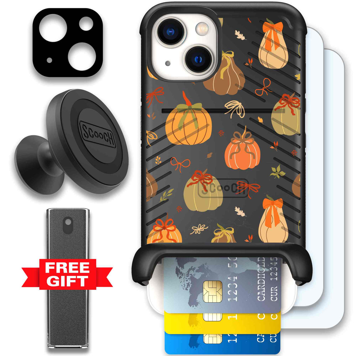Pretty Pumpkins orange pumpkin and bow pattern on a scoochzza Wingmate case for iPhone 13 - Defender Bundle