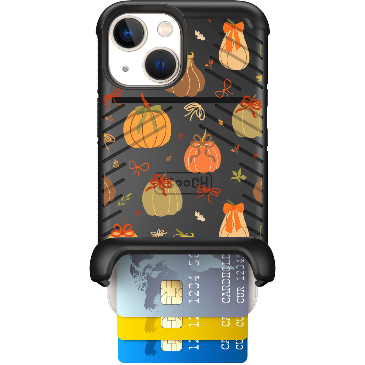 Pretty Pumpkins orange pumpkin and bow pattern on a scoochzza Wingmate case for iPhone 13 mini