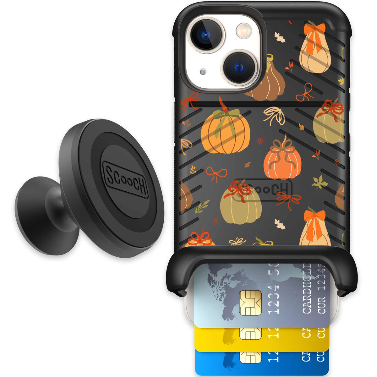 Pretty Pumpkins orange pumpkin and bow pattern on a scoochzza Wingmate case for iPhone 13 mini - Starter Bundle