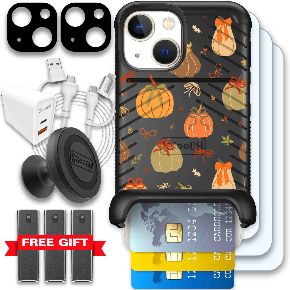 Pretty Pumpkins orange pumpkin and bow pattern on a scoochzza Wingmate case for iPhone 13 mini - Ultimate Bundle