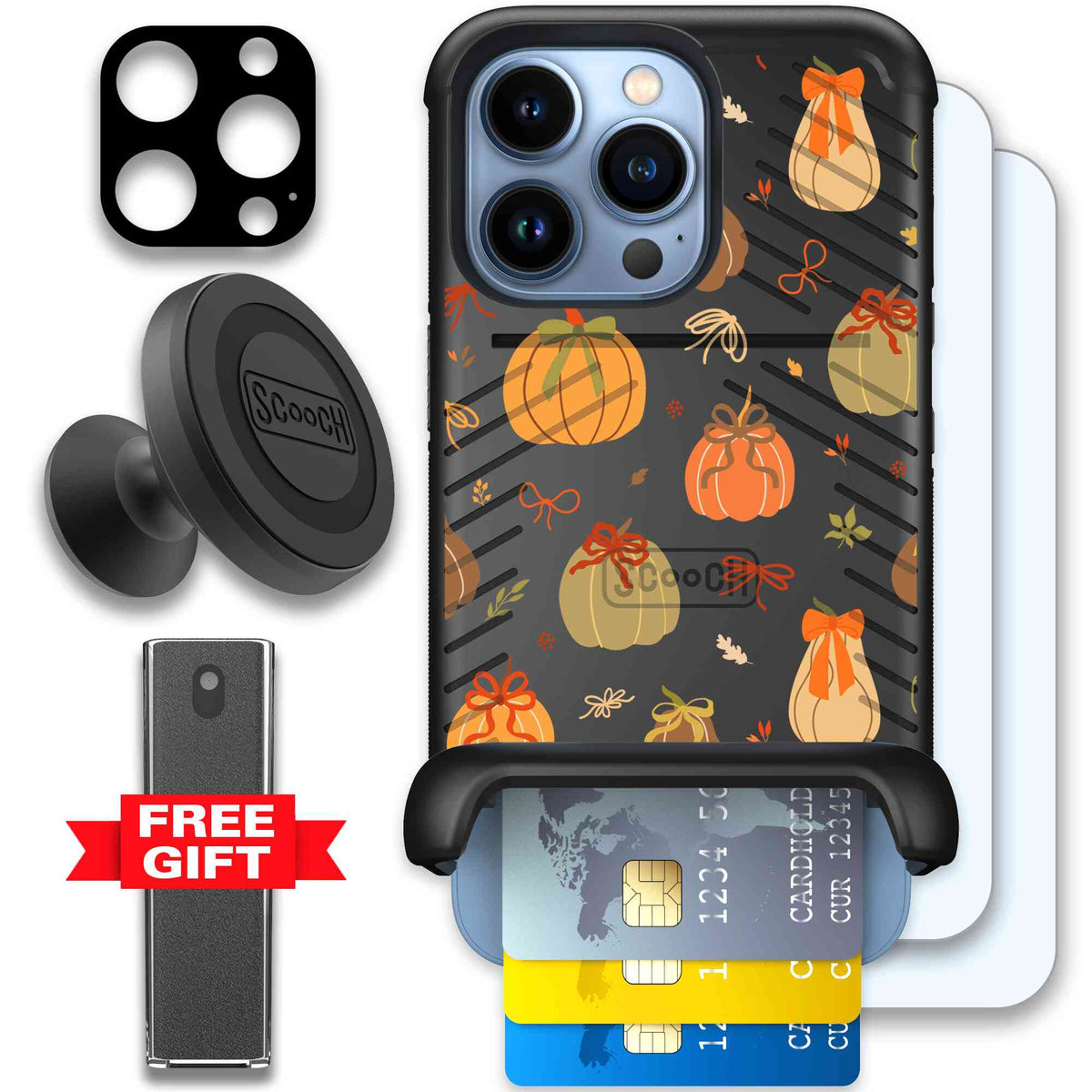 Pretty Pumpkins orange pumpkin and bow pattern on a scoochzza Wingmate case for iPhone 13 Pro - Defender Bundle