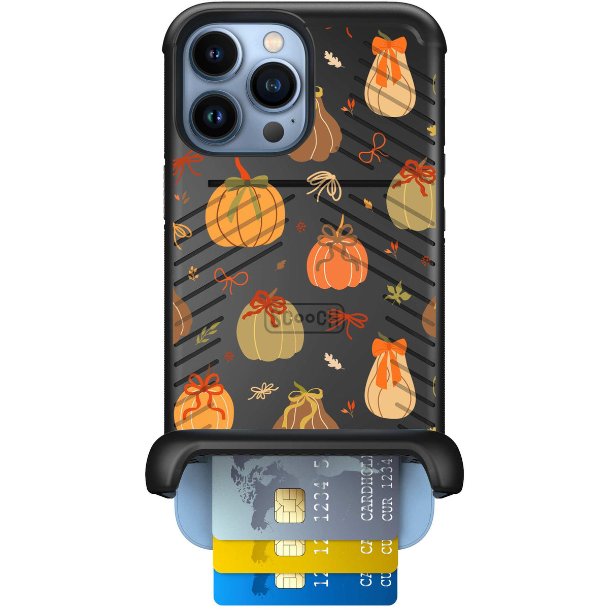 Pretty Pumpkins orange pumpkin and bow pattern on a scoochzza Wingmate case for iPhone 13 Pro Max