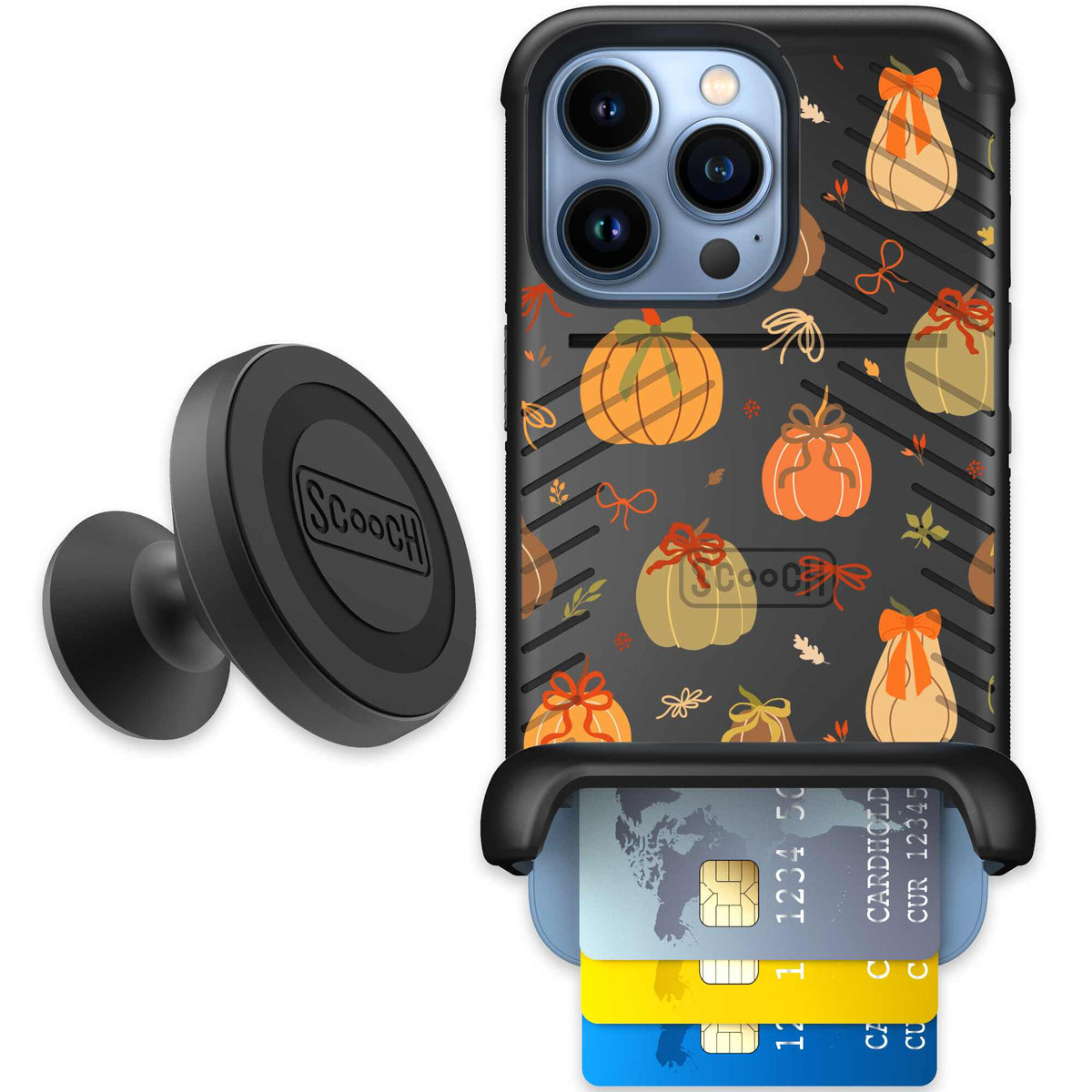 Pretty Pumpkins orange pumpkin and bow pattern on a scoochzza Wingmate case for iPhone 13 Pro - Starter Bundle