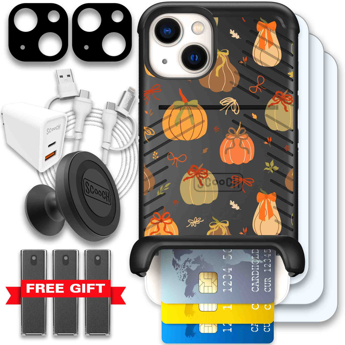 Pretty Pumpkins orange pumpkin and bow pattern on a scoochzza Wingmate case for iPhone 13 - Ultimate Bundle