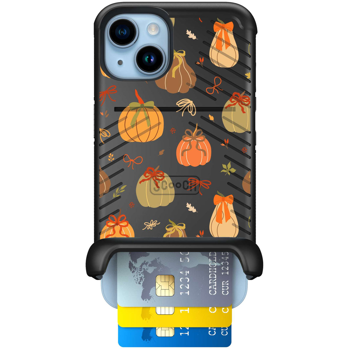 Pretty Pumpkins orange pumpkin and bow pattern on a scoochzza Wingmate case for iPhone 14