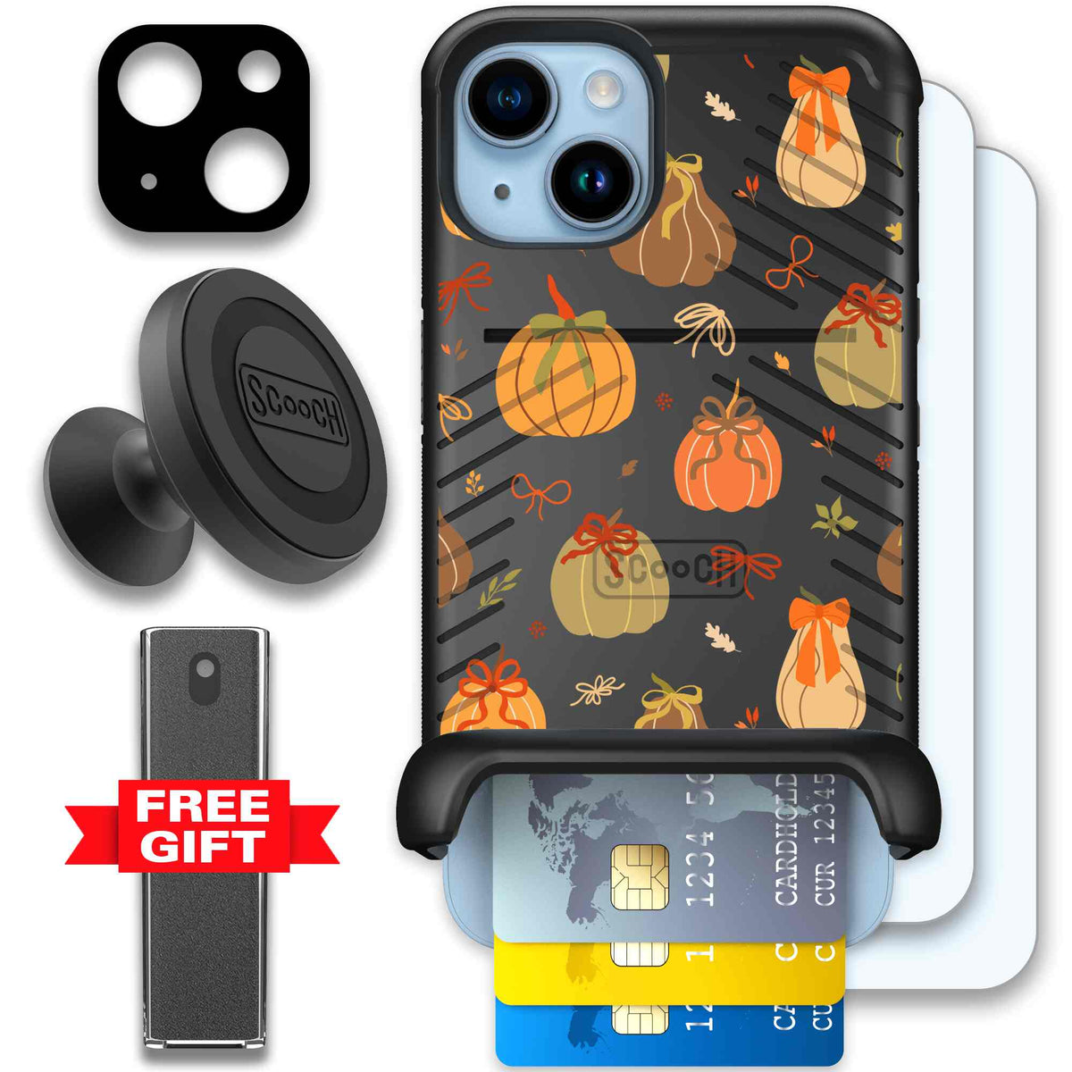 Pretty Pumpkins orange pumpkin and bow pattern on a scoochzza Wingmate case for iPhone 14 - Defender Bundle