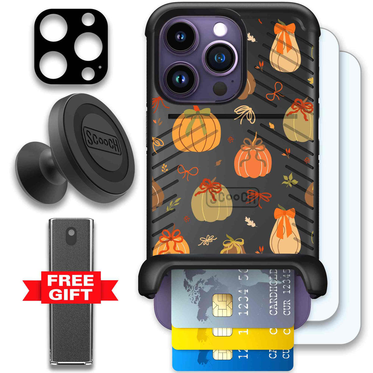 Pretty Pumpkins orange pumpkin and bow pattern on a scoochzza Wingmate case for iPhone 14 Pro - Defender Bundle