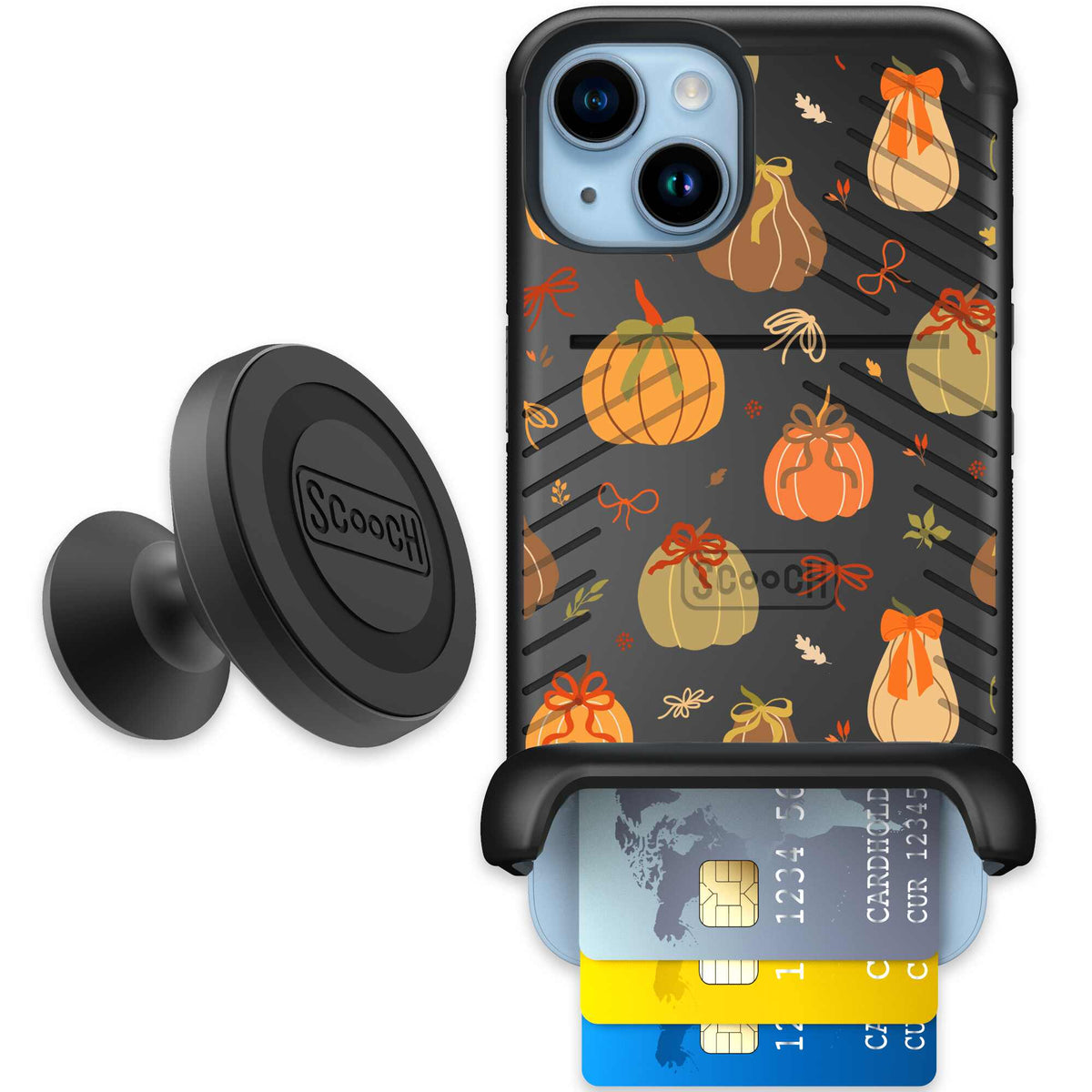 Pretty Pumpkins orange pumpkin and bow pattern on a scoochzza Wingmate case for iPhone 14 - Starter Bundle