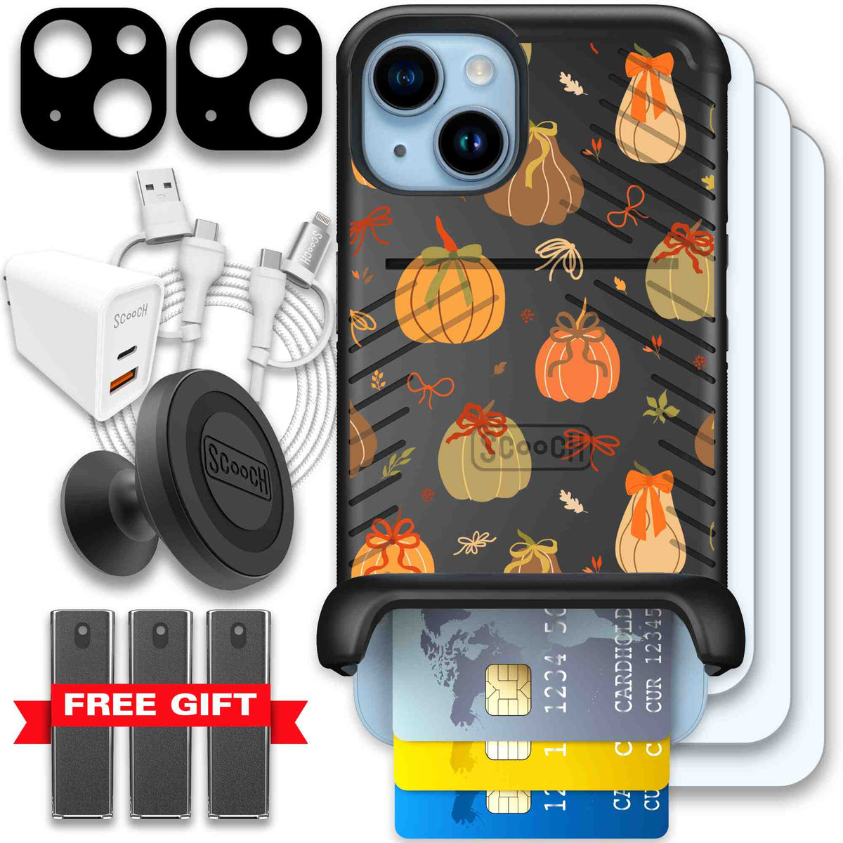 Pretty Pumpkins orange pumpkin and bow pattern on a scoochzza Wingmate case for iPhone 14 - Ultimate Bundle