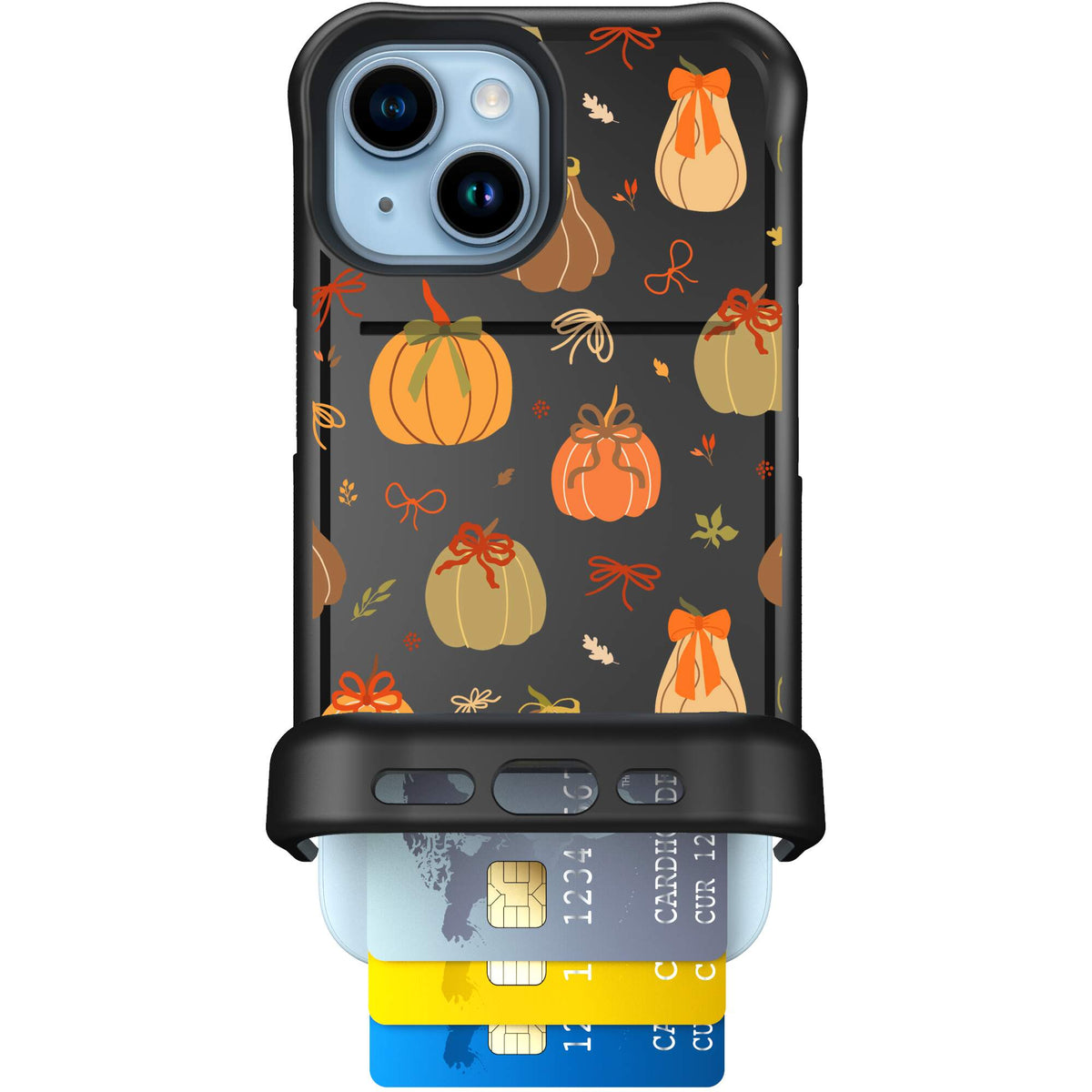 Pretty Pumpkins orange pumpkin and bow pattern on a scoochzza Wingmate case for iPhone 15
