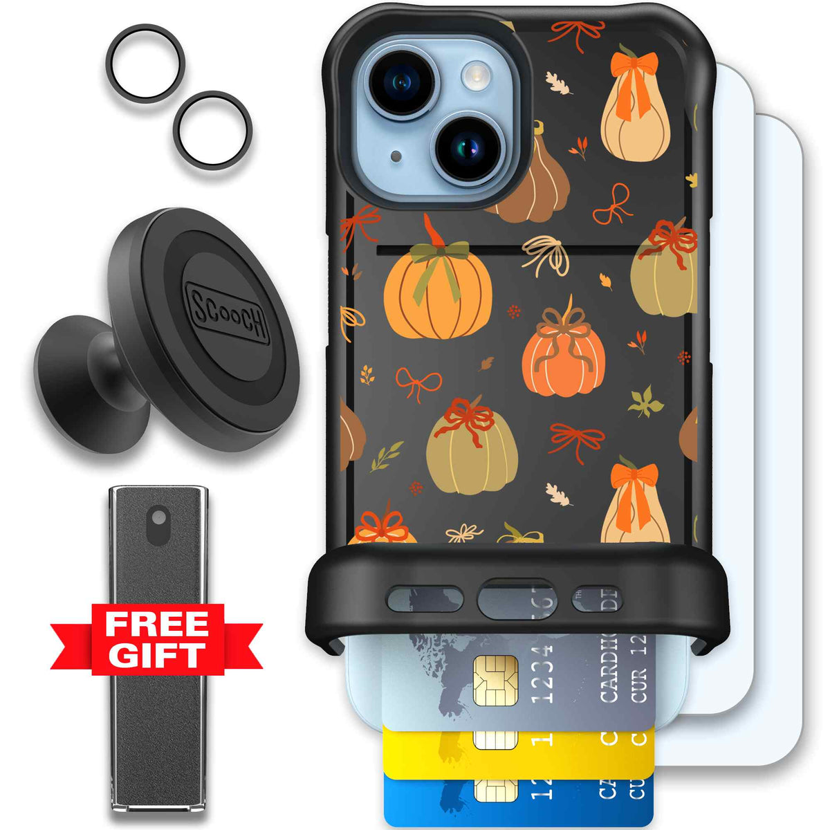 Pretty Pumpkins orange pumpkin and bow pattern on a scoochzza Wingmate case for iPhone 15 - Defender Bundle