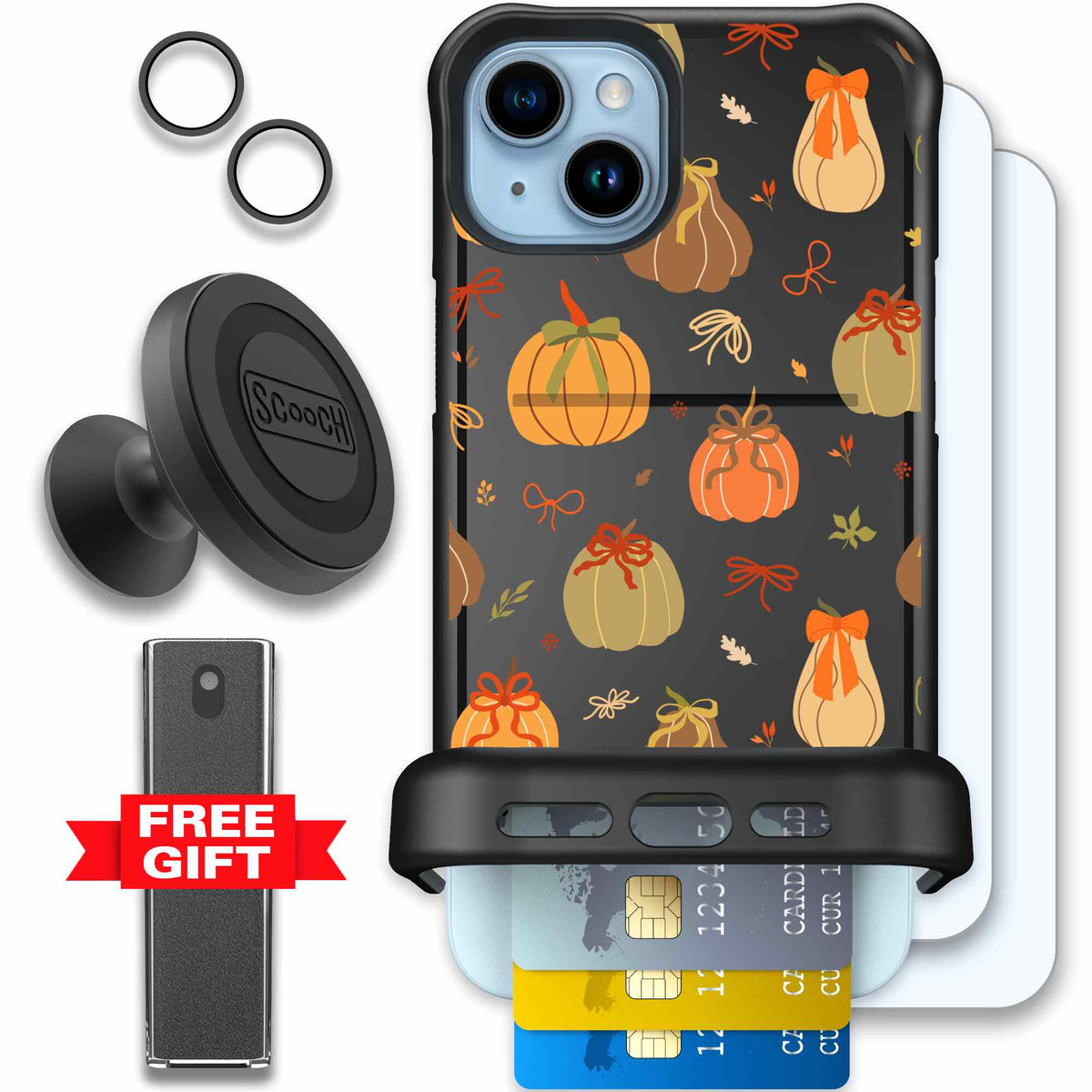 Pretty Pumpkins orange pumpkin and bow pattern on a scoochzza Wingmate case for iPhone 15 Plus - Defender Bundle