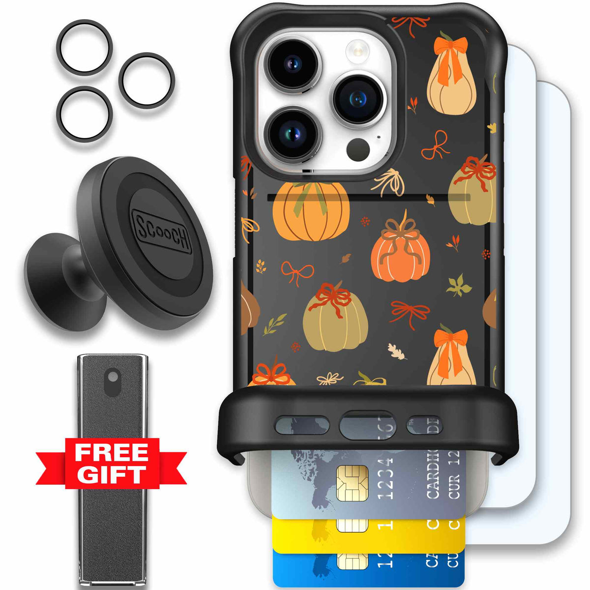 Pretty Pumpkins orange pumpkin and bow pattern on a scoochzza Wingmate case for iPhone 15 Pro - Defender Bundle
