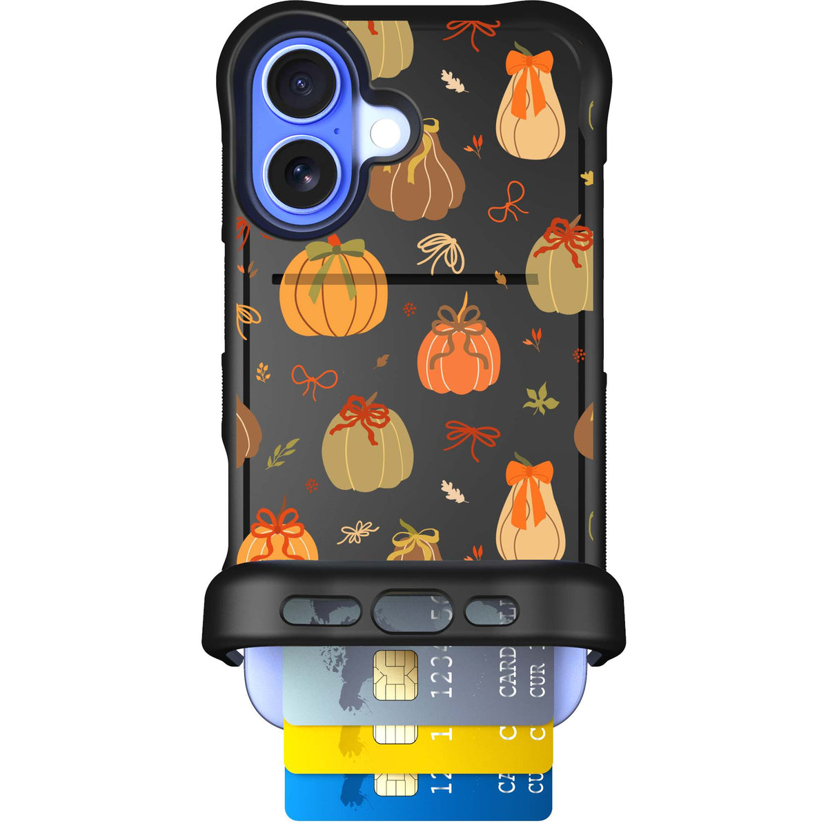 Pretty Pumpkins orange pumpkin and bow pattern on a scoochzza Wingmate case for iPhone 16