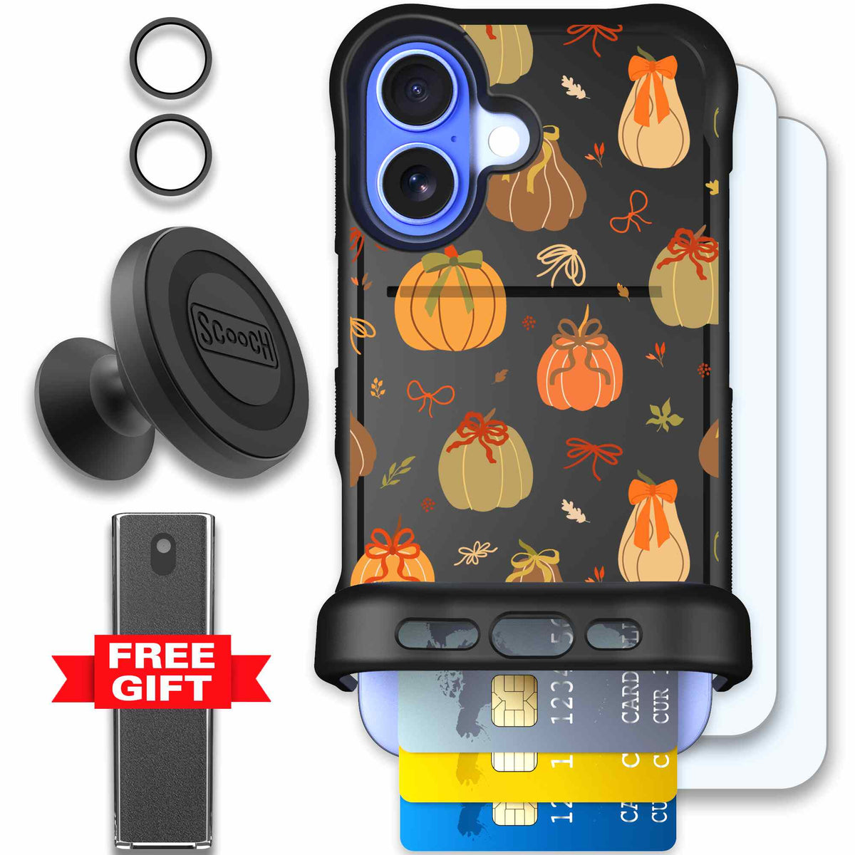 Pretty Pumpkins orange pumpkin and bow pattern on a scoochzza Wingmate case for iPhone 16 - Defender Bundle