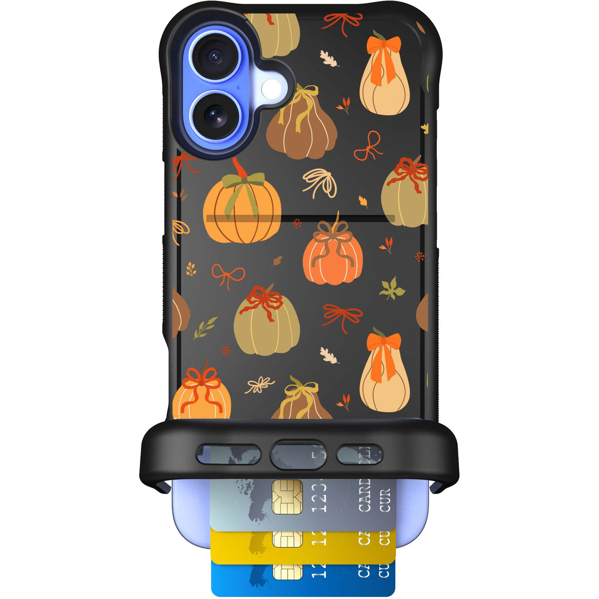 Pretty Pumpkins orange pumpkin and bow pattern on a scoochzza Wingmate case for iPhone 16 Plus