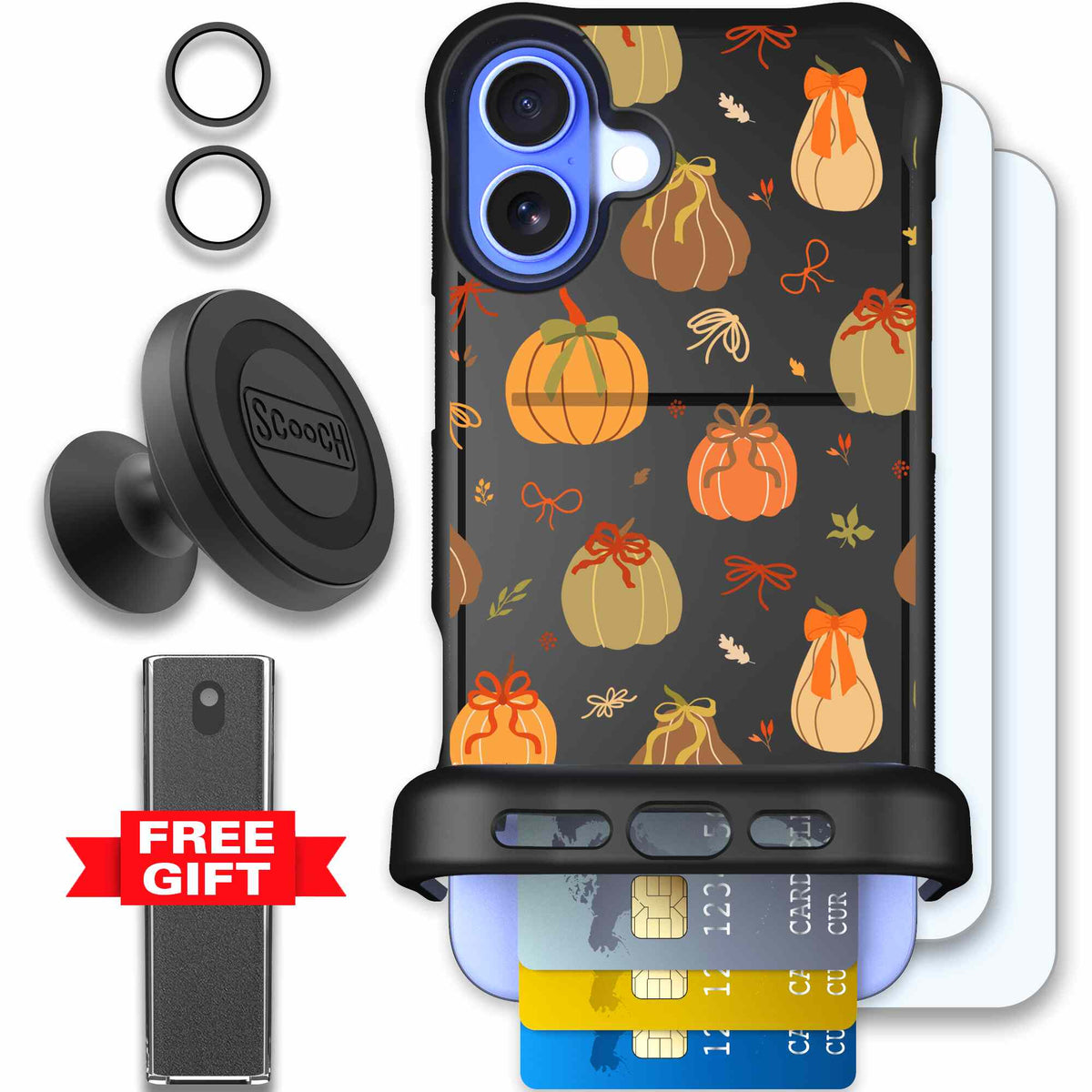 Pretty Pumpkins orange pumpkin and bow pattern on a scoochzza Wingmate case for iPhone 16 Plus - Defender Bundle