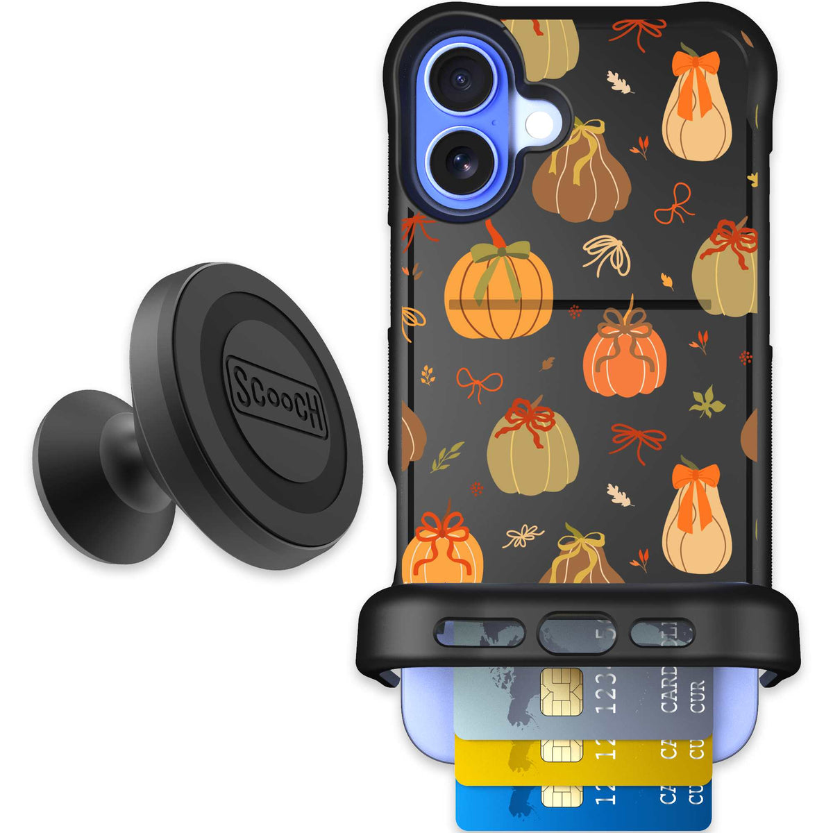 Pretty Pumpkins orange pumpkin and bow pattern on a scoochzza Wingmate case for iPhone 16 Plus - Starter Bundle