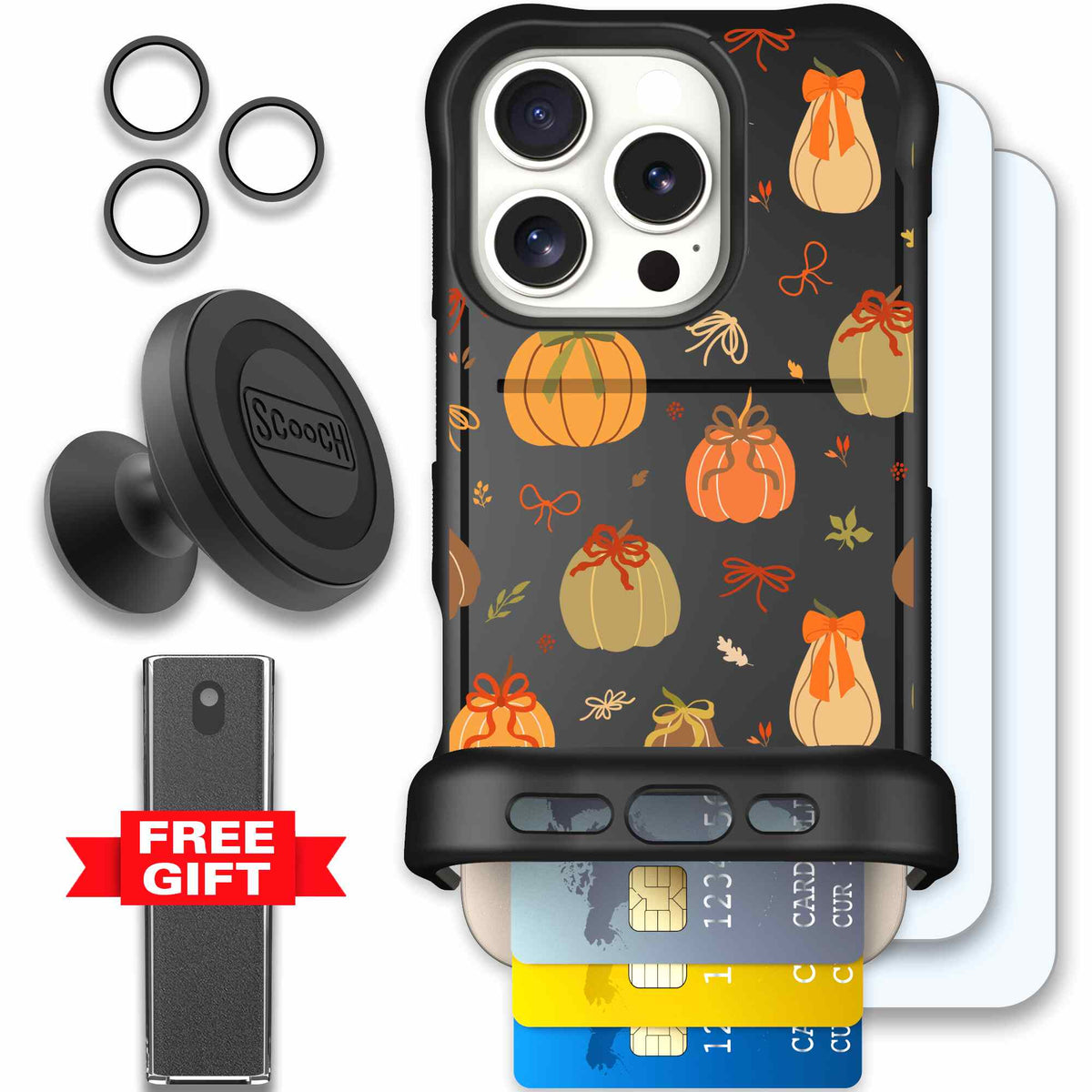 Pretty Pumpkins orange pumpkin and bow pattern on a scoochzza Wingmate case for iPhone 16 Pro - Defender Bundle