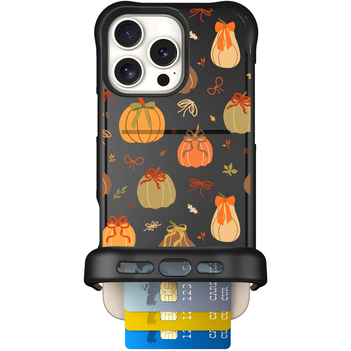 Pretty Pumpkins orange pumpkin and bow pattern on a scoochzza Wingmate case for iPhone 16 Pro Max