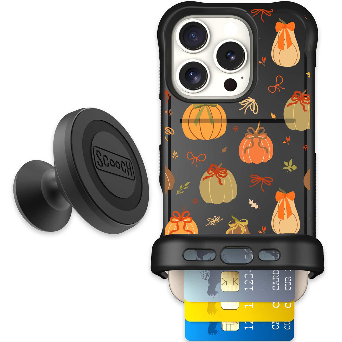 Pretty Pumpkins orange pumpkin and bow pattern on a scoochzza Wingmate case for iPhone 16 Pro - Starter Bundle