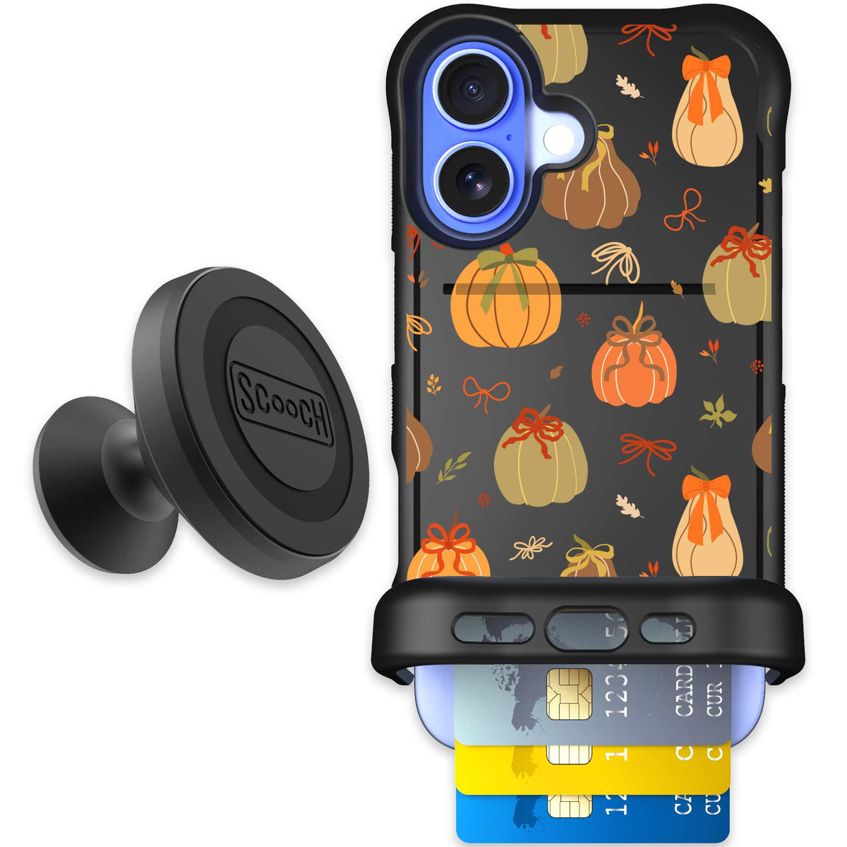 Pretty Pumpkins orange pumpkin and bow pattern on a scoochzza Wingmate case for iPhone 16 - Starter Bundle